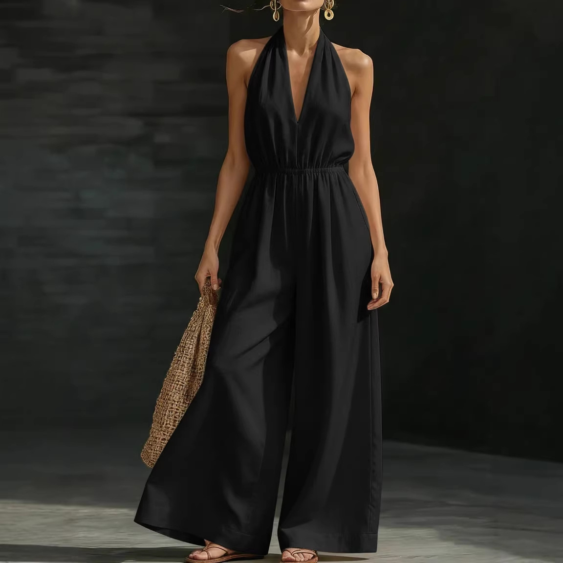 Women's V-Neck Halter Wide-Leg Jumpsuit Solid Color Sleeveless