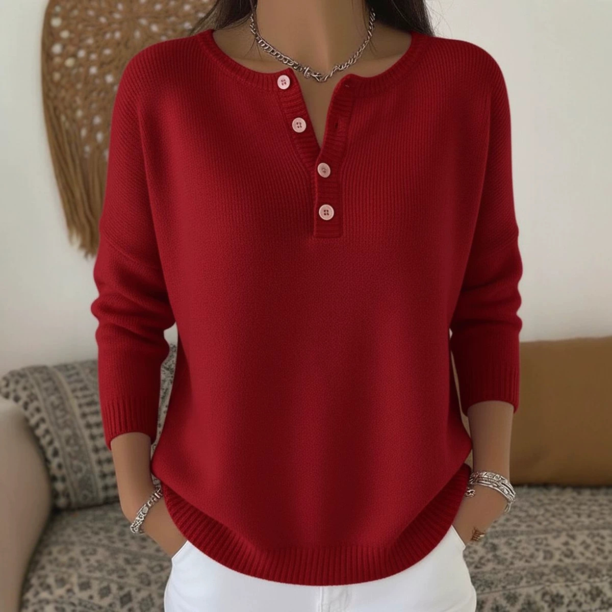 Button-Front V-Neck Knit Sweater
