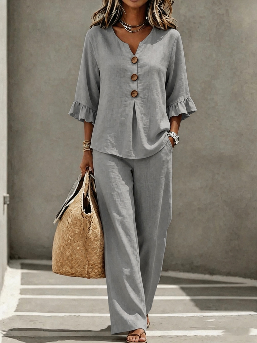 Women's Casual Button V-Neck Ruffle 3/4 Sleeve Top and Pants Two-Piece Set