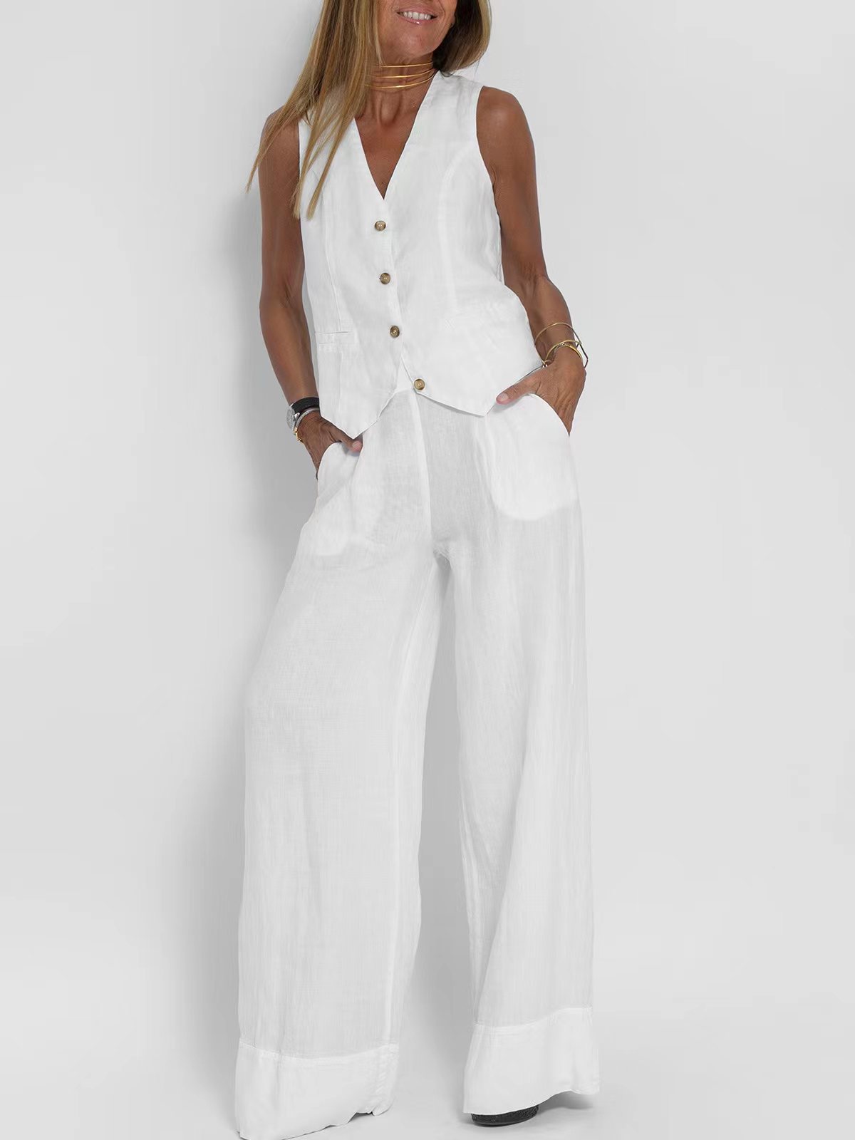 Women's Sleeveless Vest & Pants Set Cotton Linen Patchwork Casual