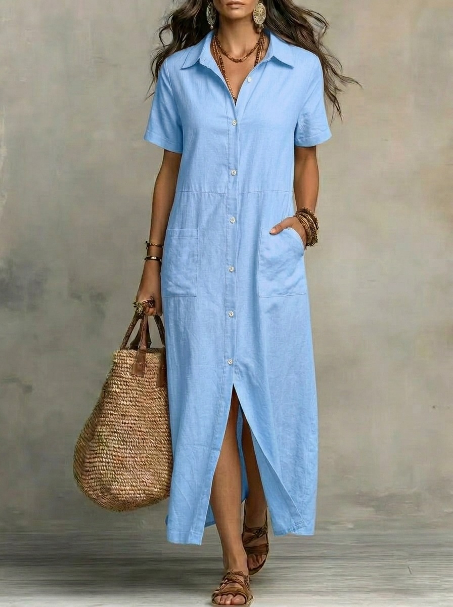 Women's Button-Front Short-Sleeve Casual Dress with Pockets