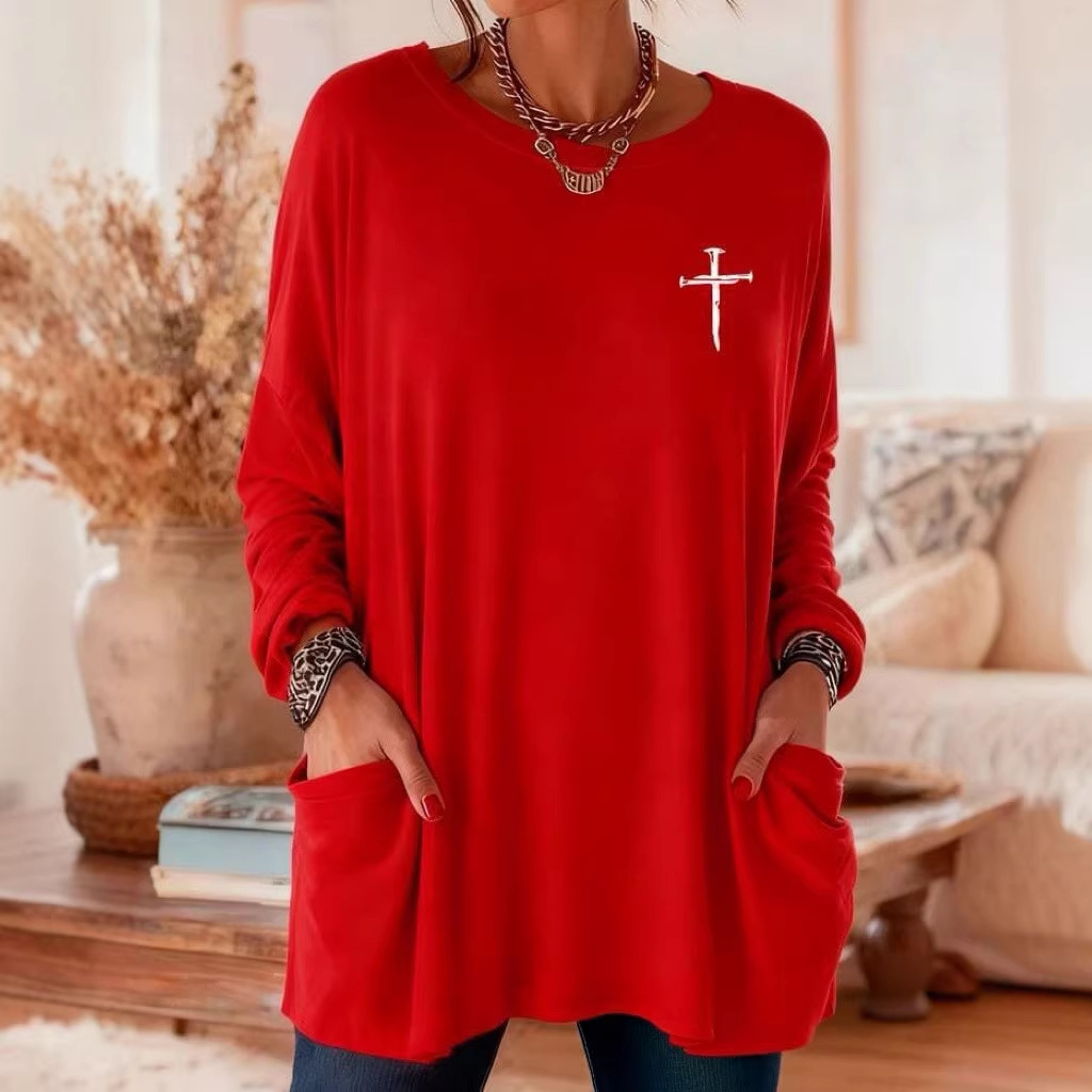 Women's Cross Print A-Line Midi Dress Long Sleeve Crew Neck Casual