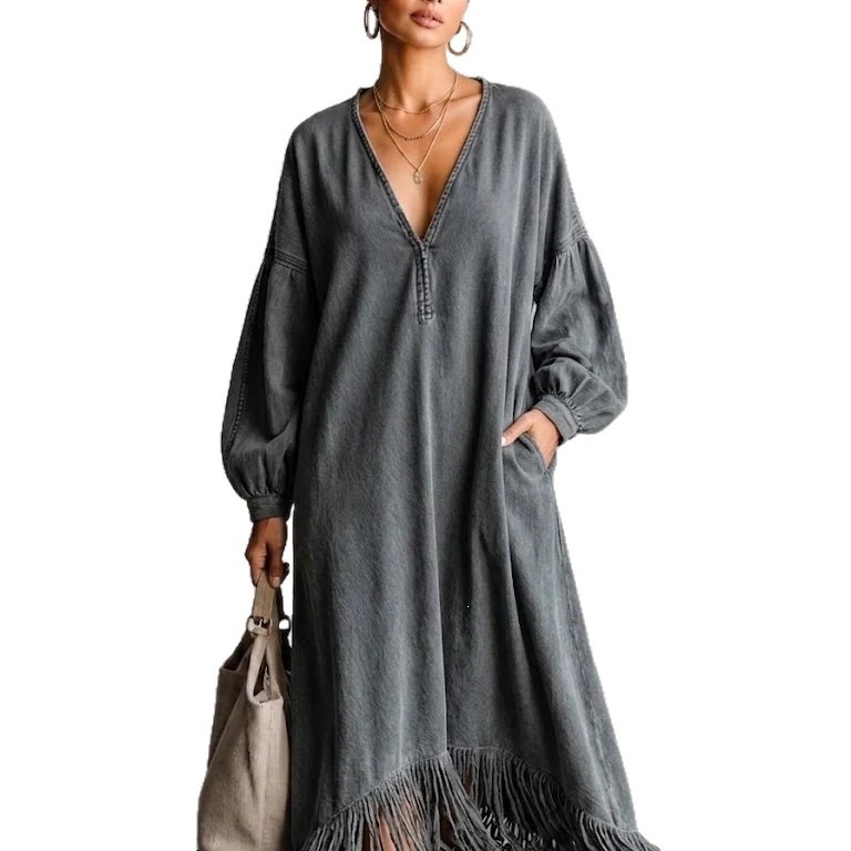 Distressed Washed V-Neck Lantern Sleeve Fringe Maxi Dress with Pockets