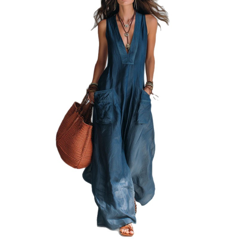 Women's Solid V-Neck Loose Wide-Leg Jumpsuit with Pockets