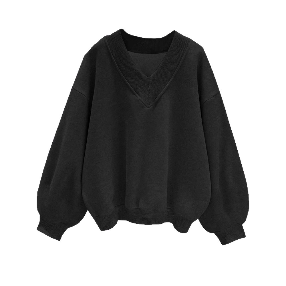 Gray V-Neck Pullover Sweatshirt Long Sleeve Loose Fit