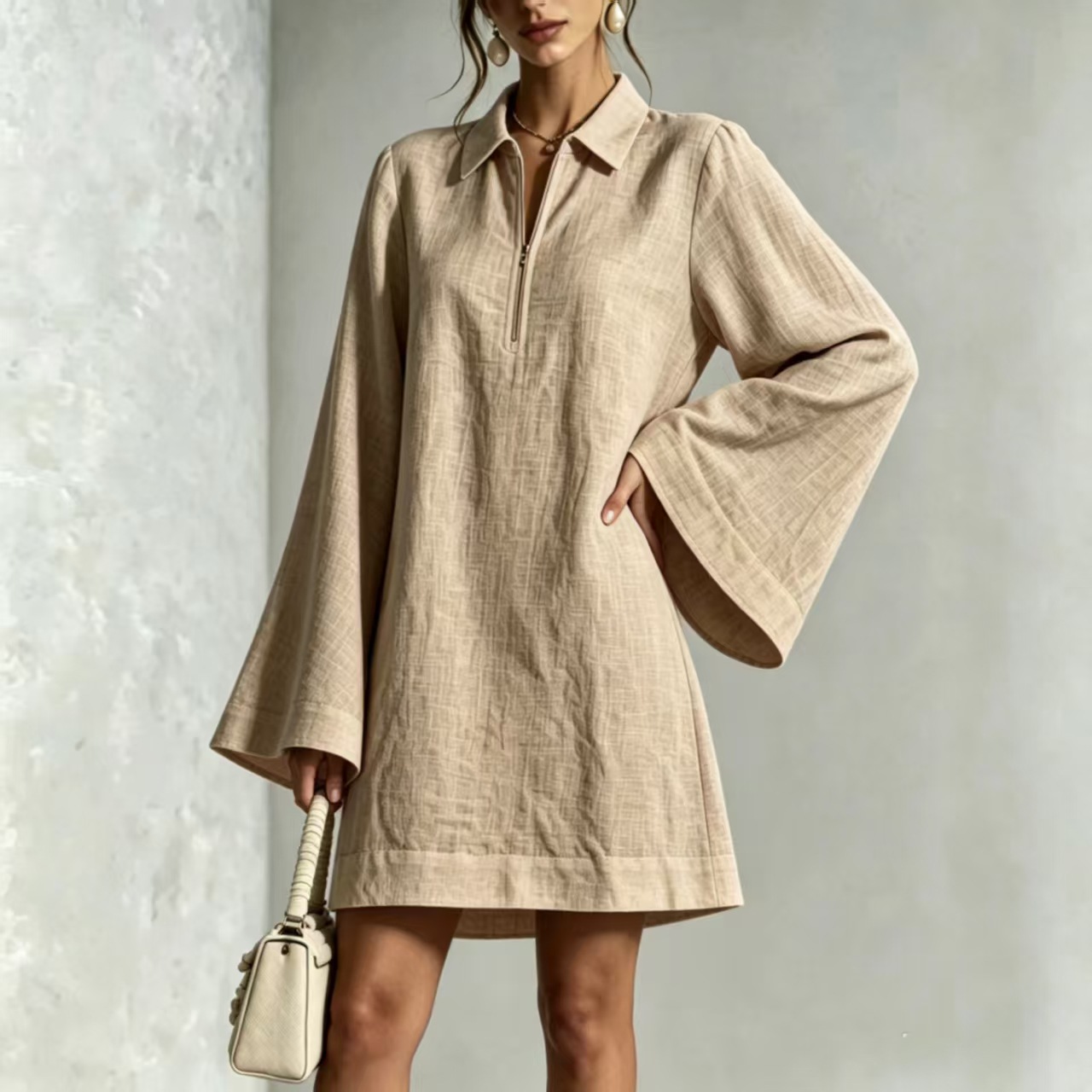 Solid Color Half-Zip Loose Long-Sleeve Casual Dress