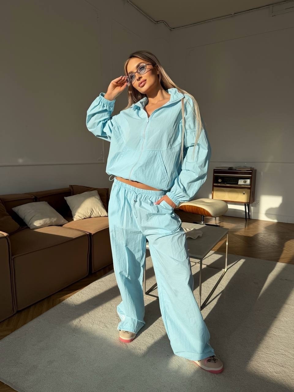 Women's Striped Zip-Up Sun Protection Two-Piece Set with High-Waist Wide-Leg Pants