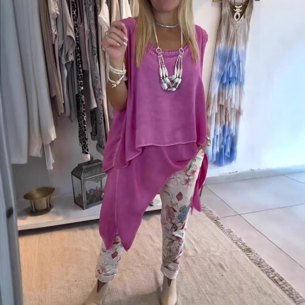 Solid Color Sleeveless Tank Top with Long Hem and Two-Piece Set