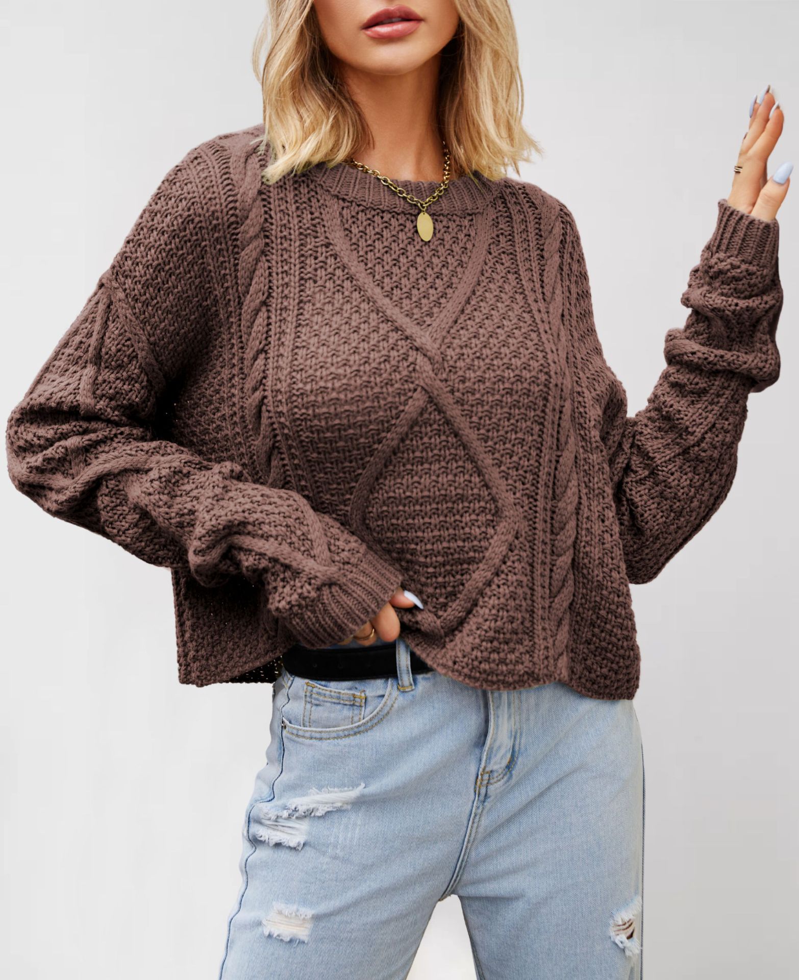 Women's Cable Knit Chunky Pullover Sweater Loose Fit Plus Size