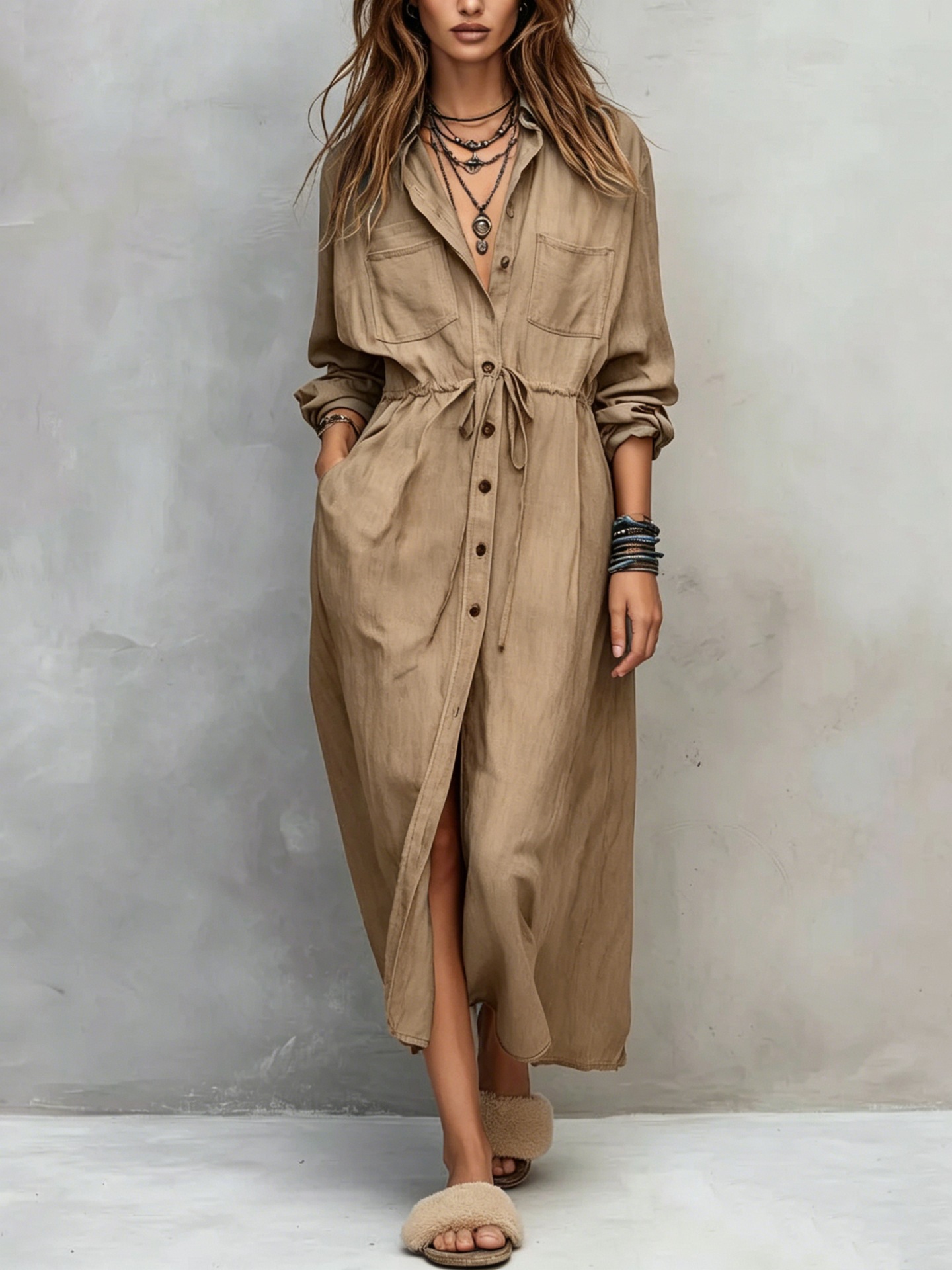 Drawstring Waist Shirt Dress Loose Fit Long Sleeve