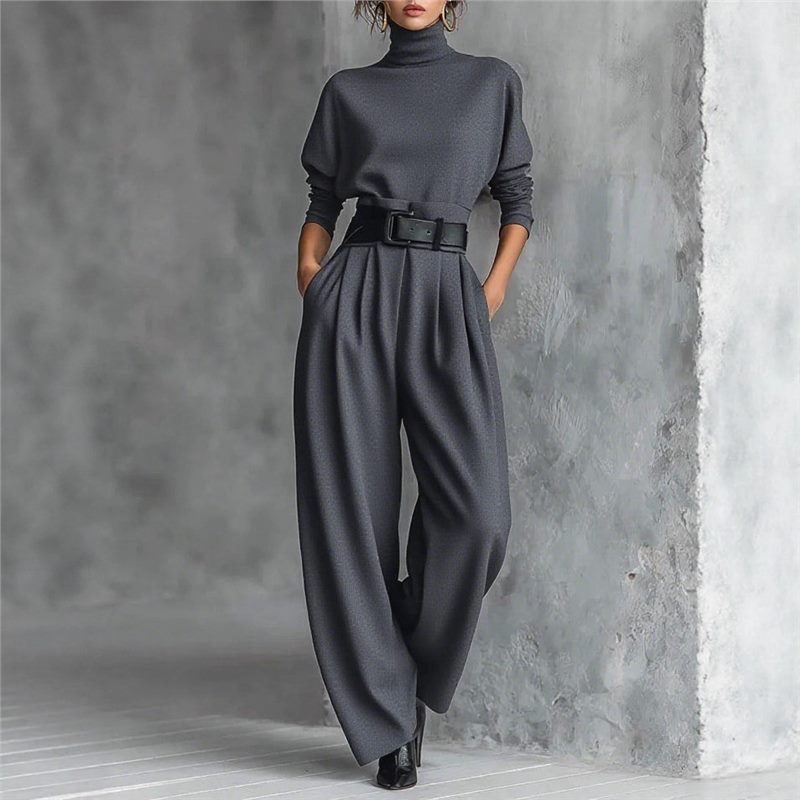 Solid High Neck Top & Wide Leg Pants Two-Piece Set with Belt