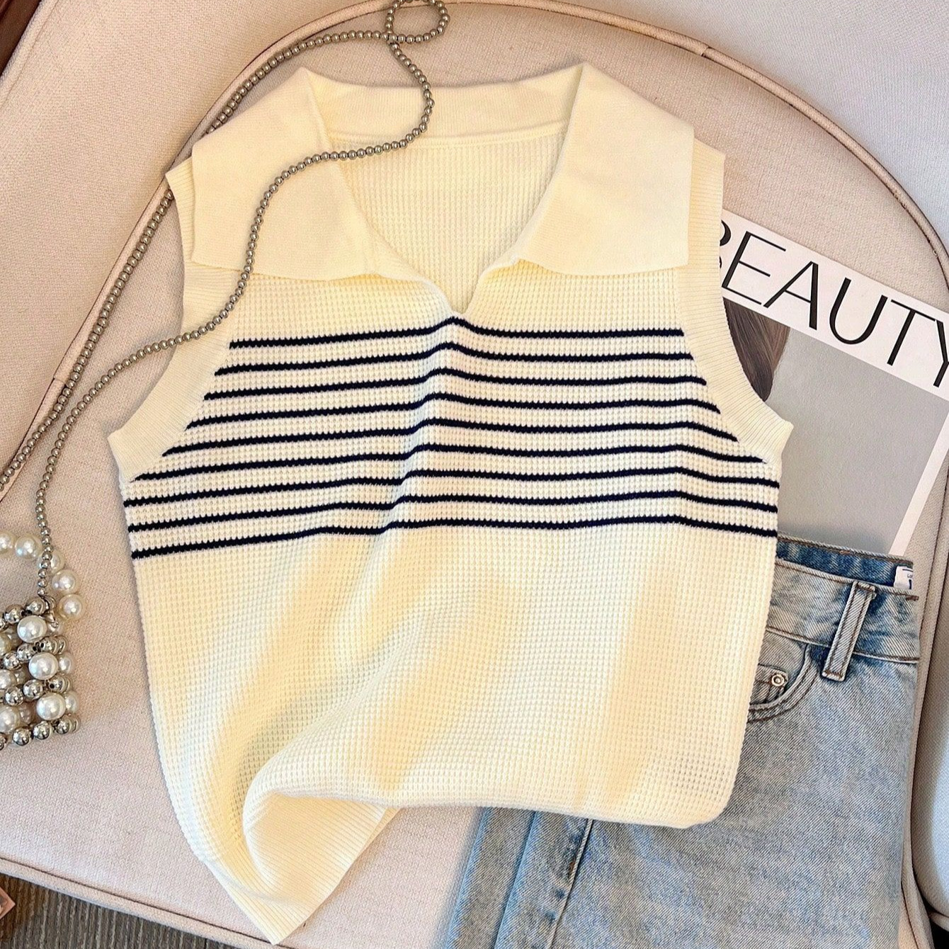 Polo Collar Striped Knit Vest Sweater with Zip