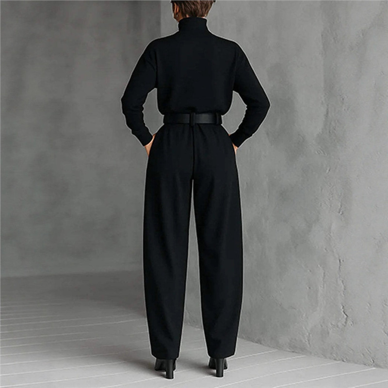 Solid High Neck Top & Wide Leg Pants Two-Piece Set with Belt