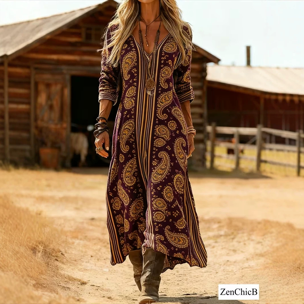 Women's Vintage Tribal Print Pleated Midi Dress
