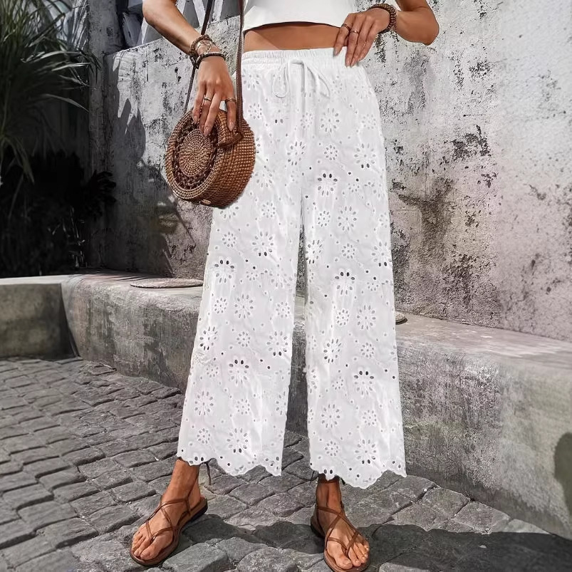 Women's Embroidered Cutout Drawstring Pants Casual Straight-Leg White