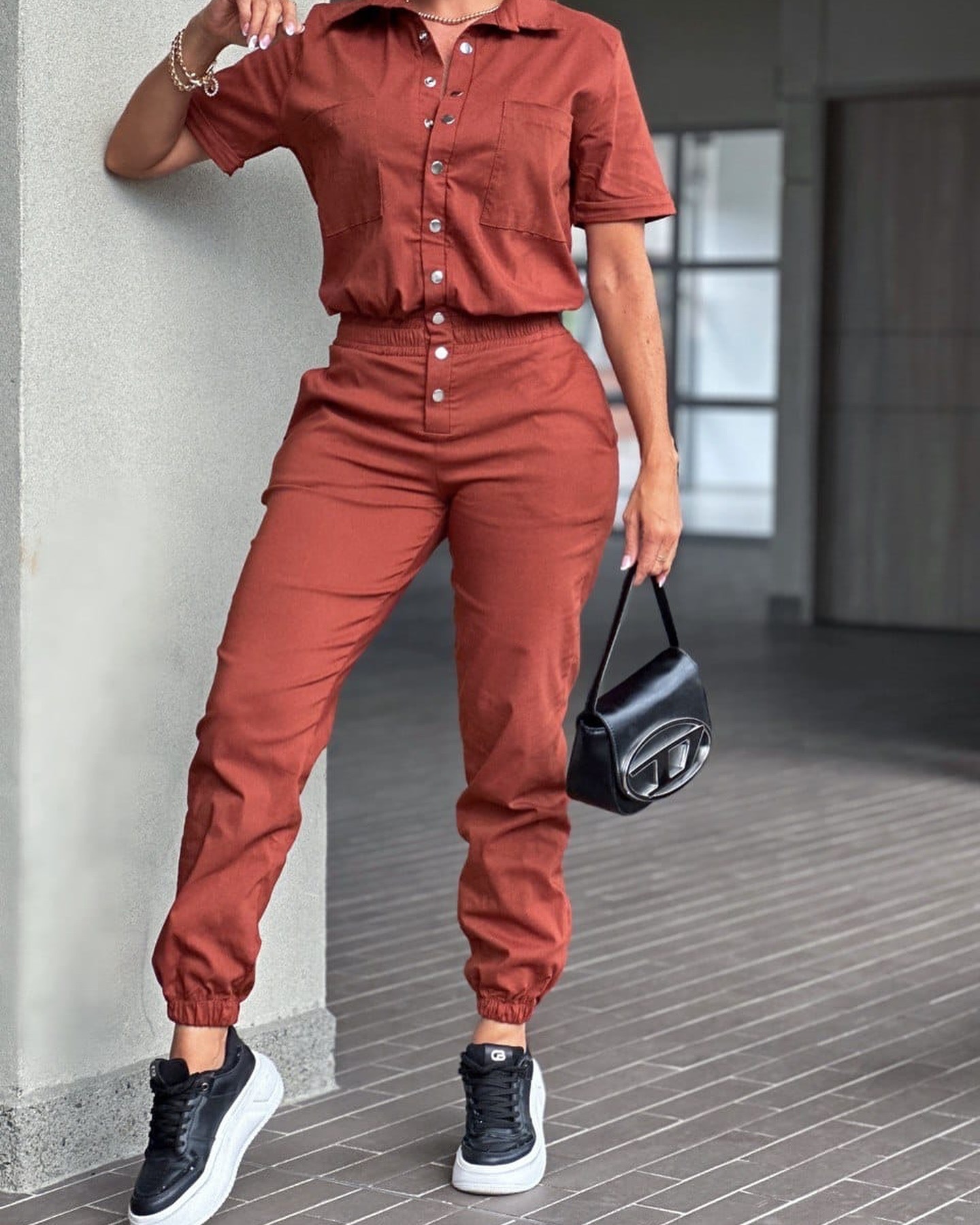 Women's Casual Jumpsuit with Collar, Pockets, Elastic Waist and Button Detail