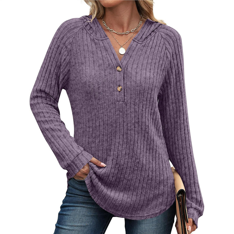 Women's Solid V-Neck Button Loose Hooded Fleece Knit Top