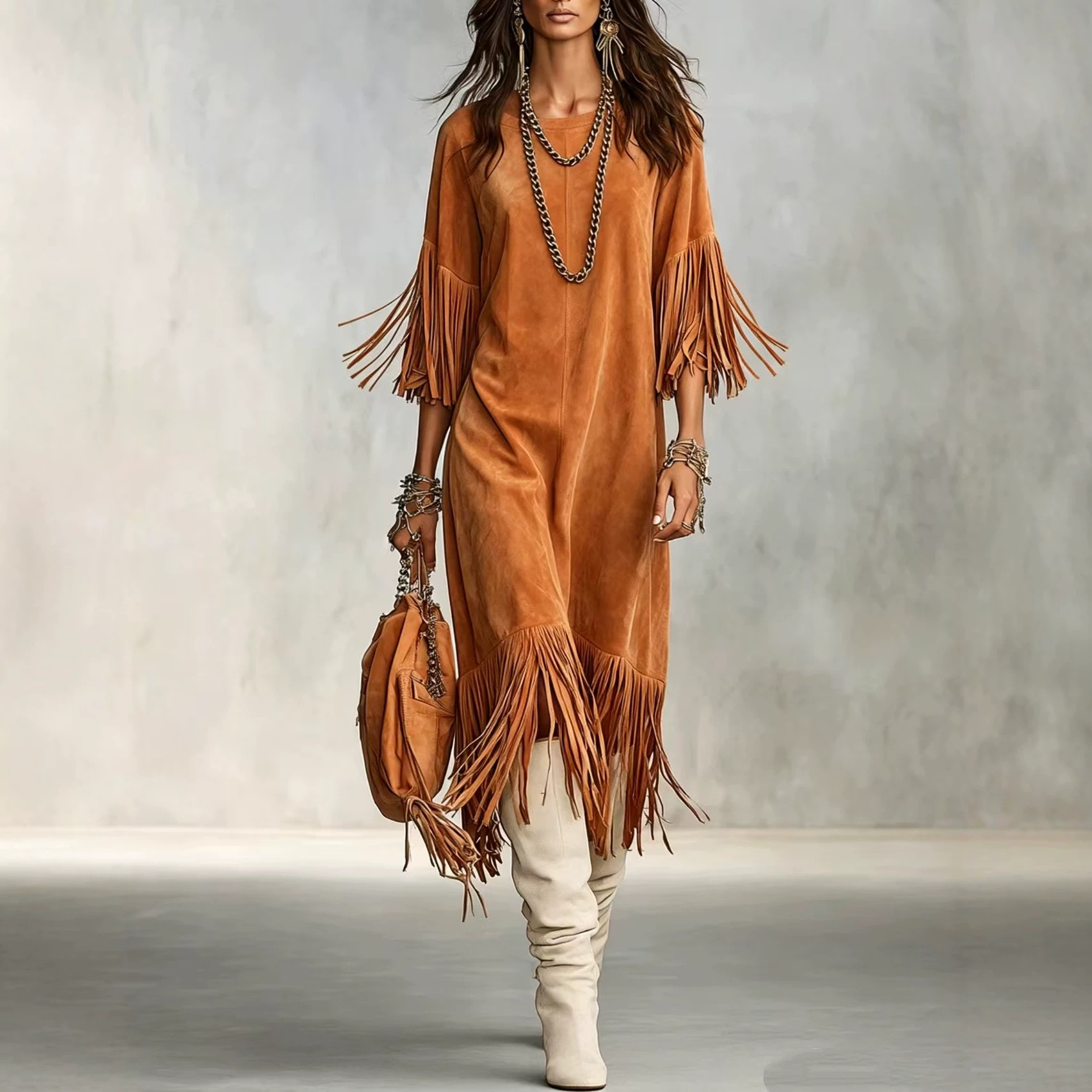 Bohemian Fringe Crewneck Drop Shoulder Dress