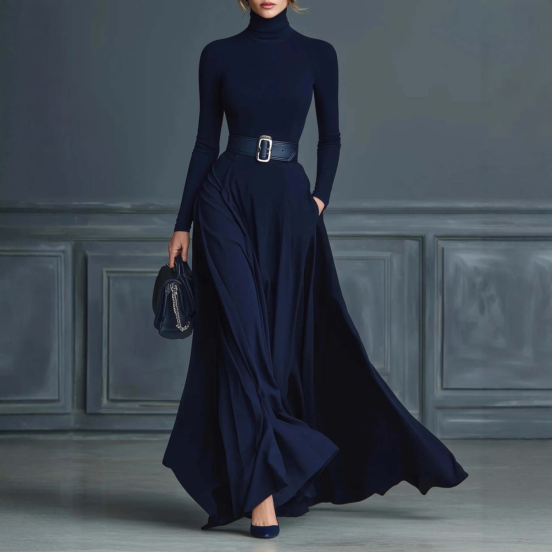 Women's Long Sleeve Solid High Neck High Waist Long Dress