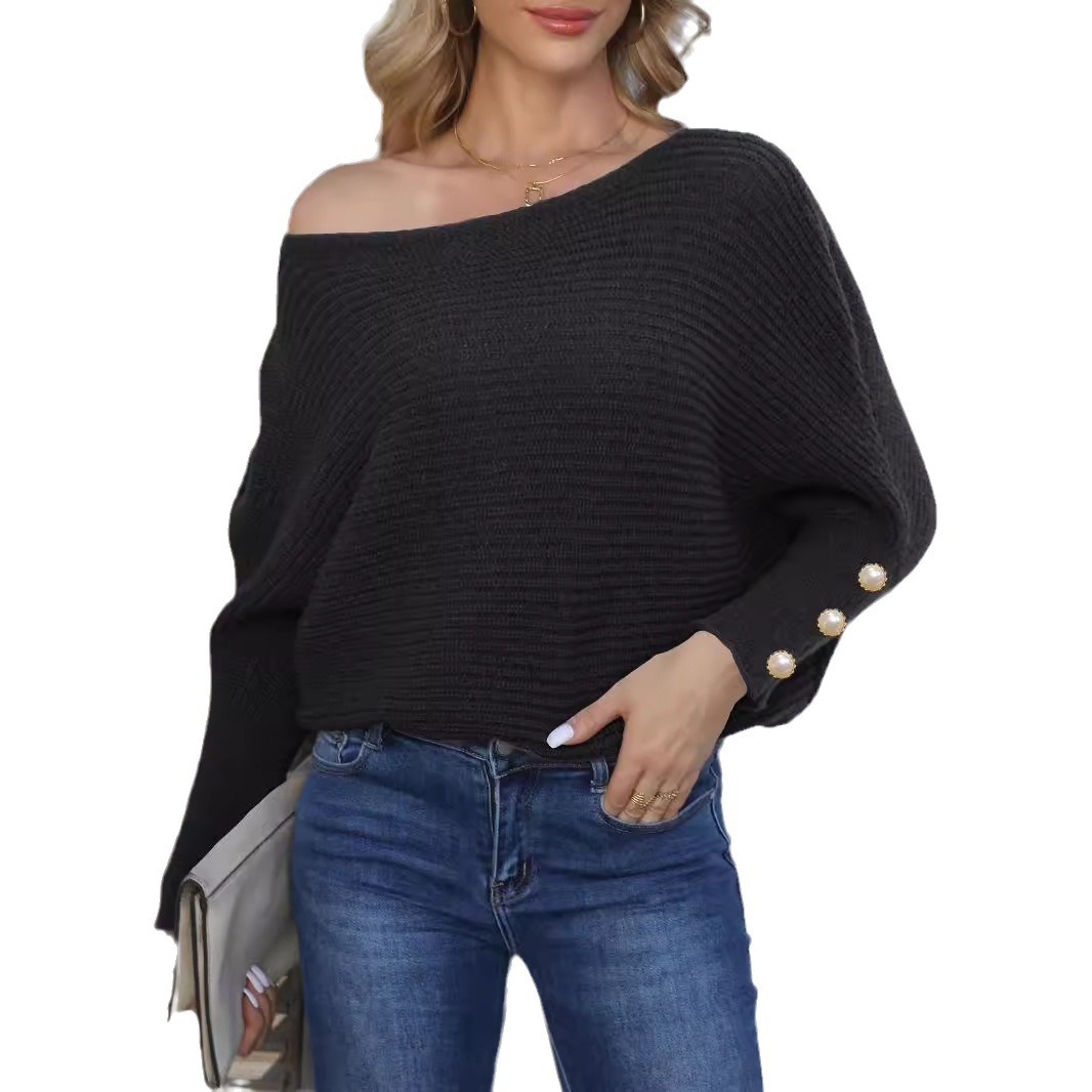 Women's Pearl Button Batwing Sleeve Off-Shoulder Knit Sweater
