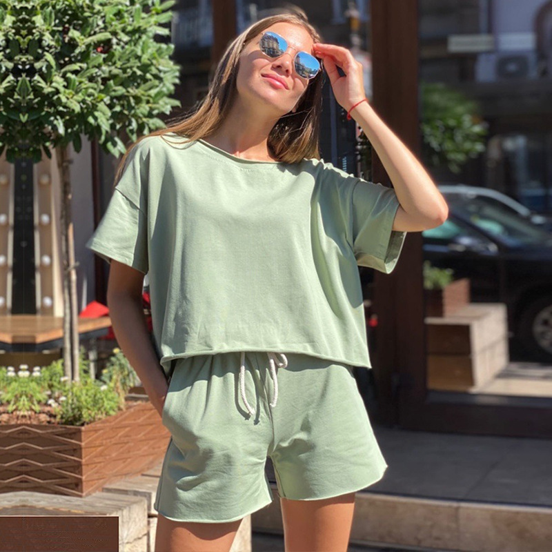 Women's Solid Color Crewneck Short Sleeve Drawstring Two-Piece Set