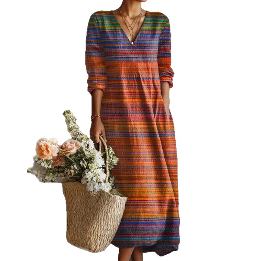 Geometric Print Linen-Blend Long Sleeve V-Neck Midi Dress