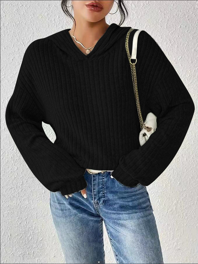 Women's Loose Solid Color Long Sleeve Ribbed Hooded Sweatshirt