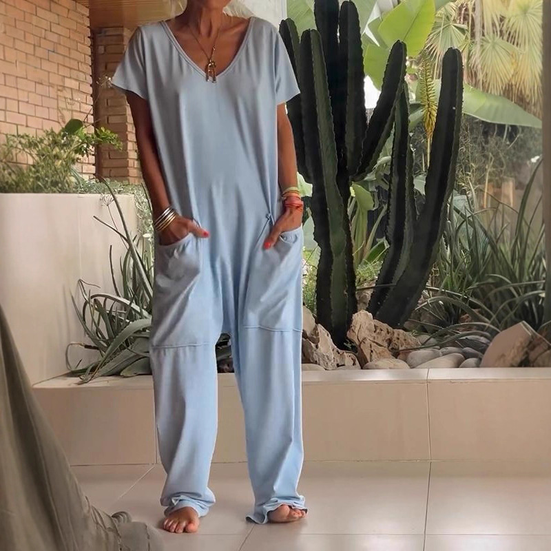 Women's Solid Color V-Neck Short Sleeve Jumpsuit with Pockets