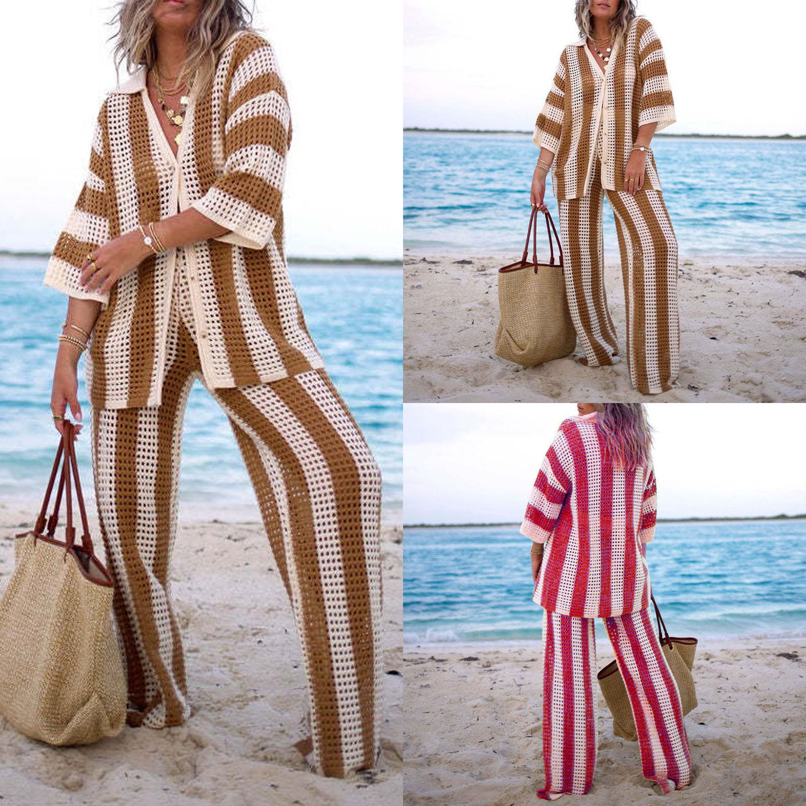 V-Neck Hollow-Out Striped Shirt and Wide-Leg Knit Pants Set