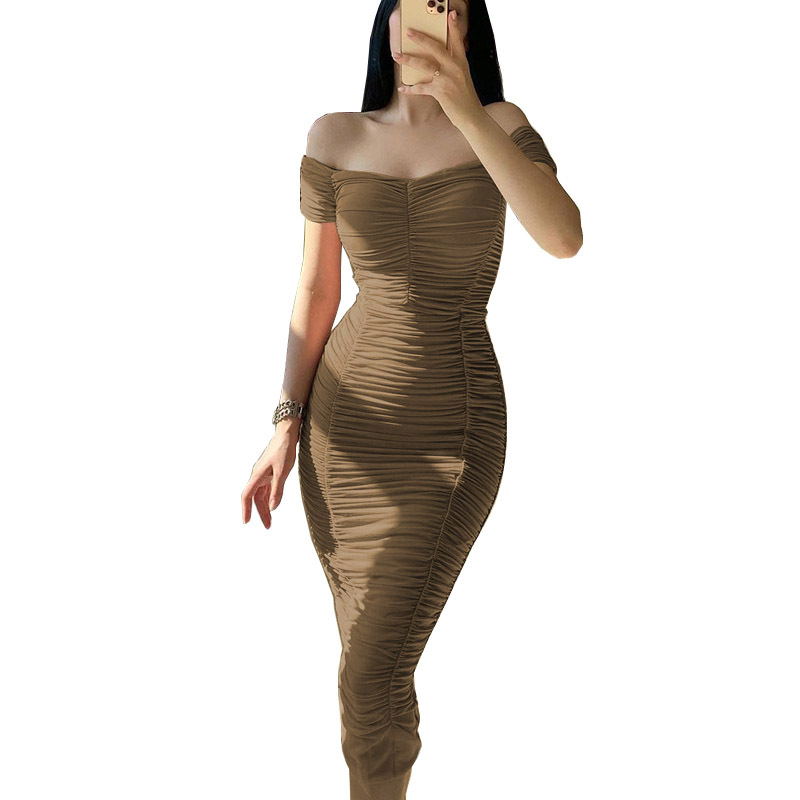 Women's Off-Shoulder Ruched Long Dress Solid Color Elegant Summer