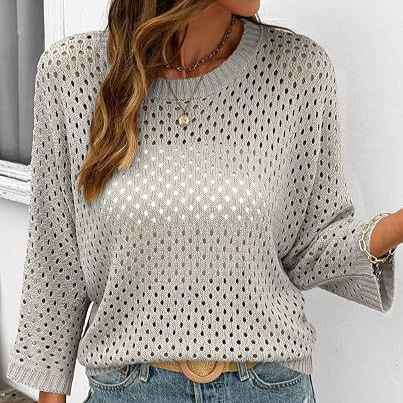 Solid Color Hollow-Out Crewneck Seven-Sleeve Knit Beach Cover-Up