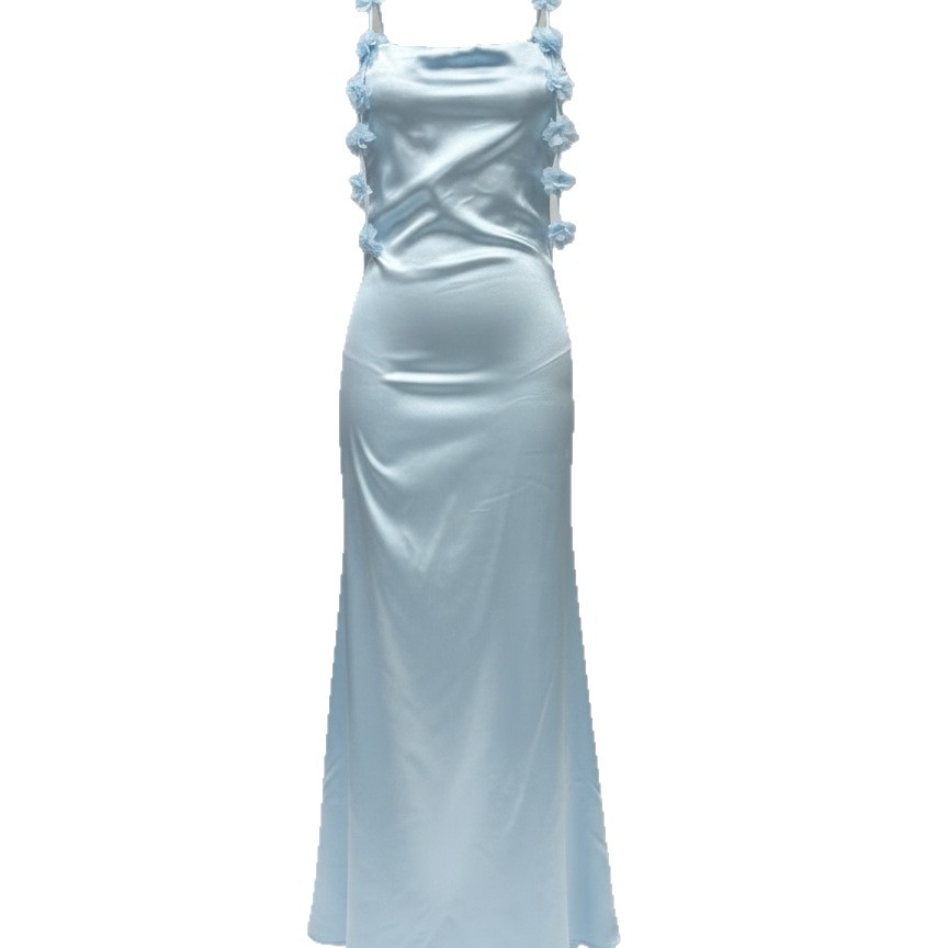 Light Blue Satin Strapless Ruffle Floral Bodycon Long Dress