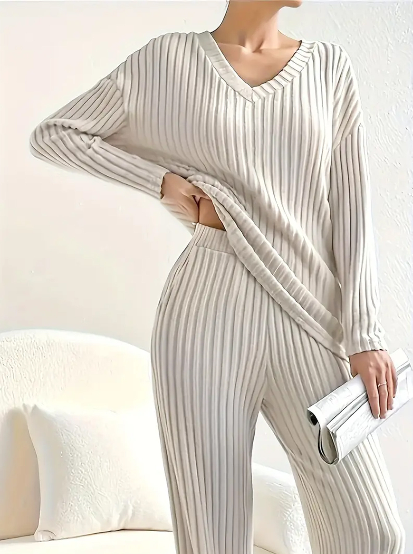 Women's Ribbed V-Neck Top and Straight-Leg Pants Two-Piece Set