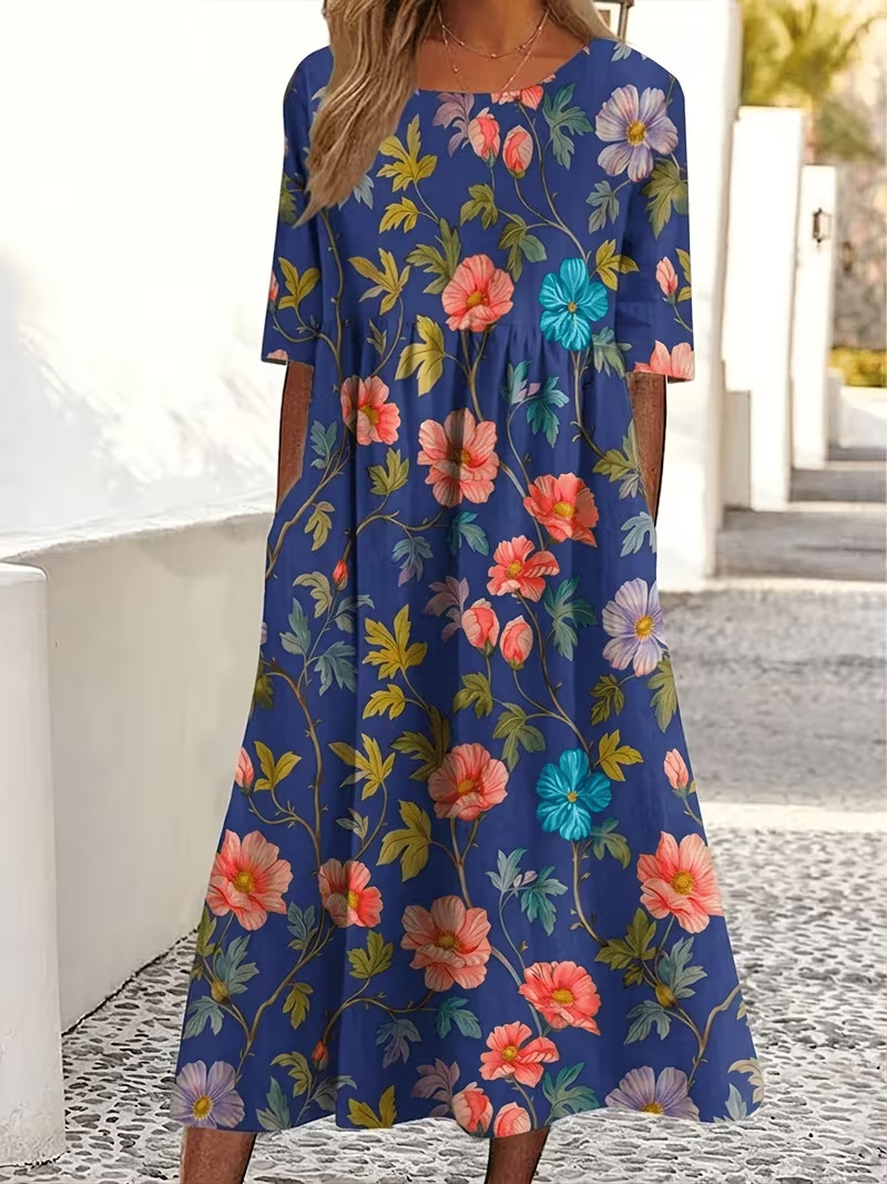 Women's Vintage Floral Print Pleated Midi Dress