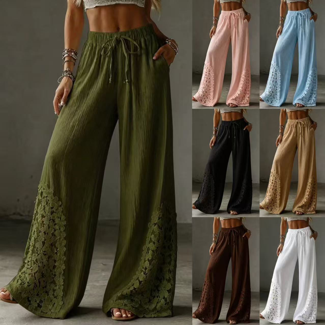 Women's Solid Lace Pocket Drawstring Wide-Leg Pants