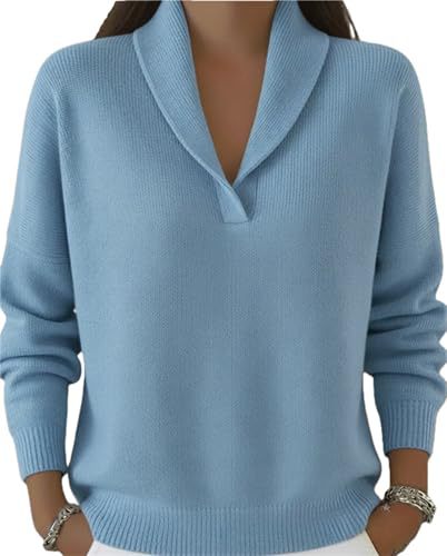 Women's Solid Print V-Neck Long-Sleeve Pullover Sweatshirt