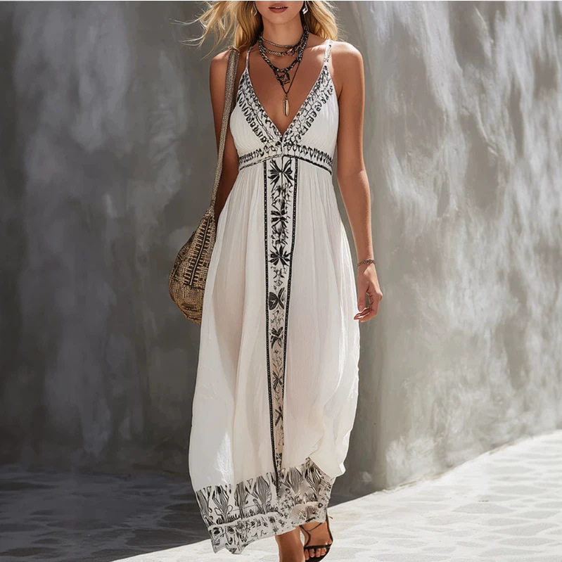 Retro Color-Block Floral Print Chiffon Spaghetti Strap Maxi Dress