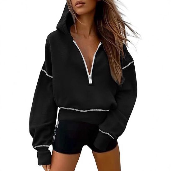 Women's Half-Zip Hooded Cropped Sweatshirt Long Sleeve