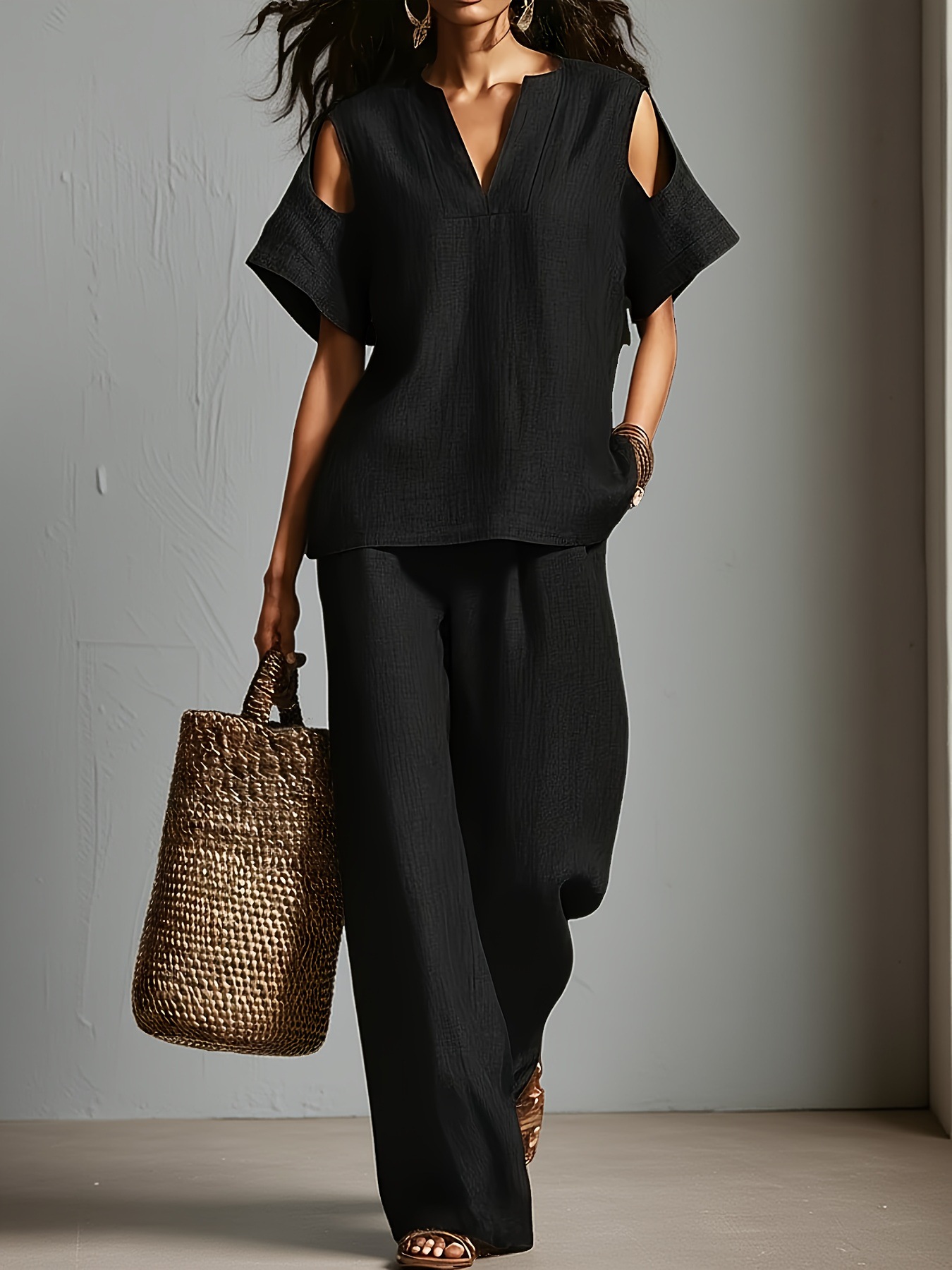 Women's Short Sleeve T-Shirt and Pants Two-Piece Set Casual Solid Color