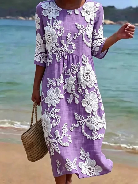 Women's Vintage Floral Print Ruched Midi Dress