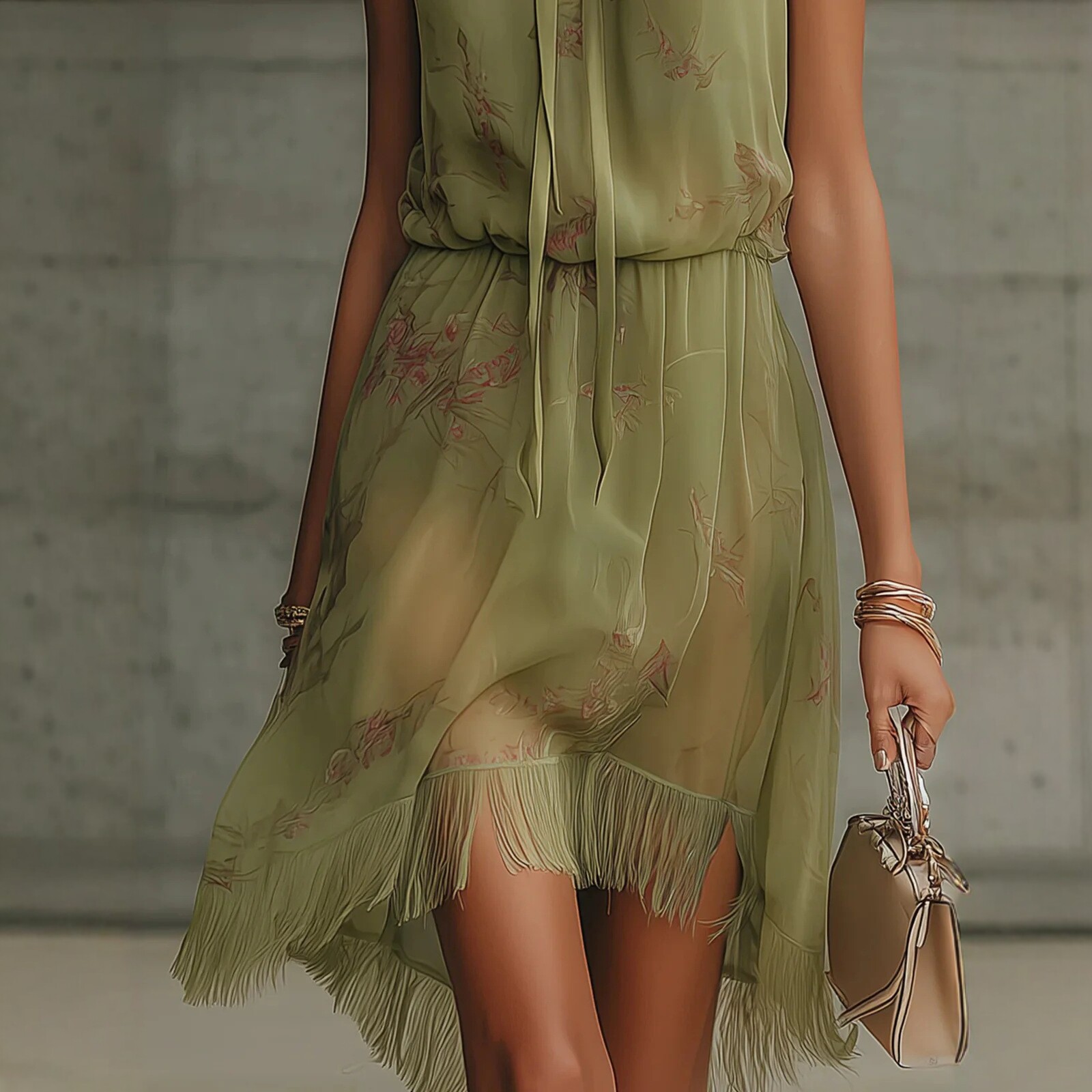 Green Print Fringe Halter Open-Back Midi Dress
