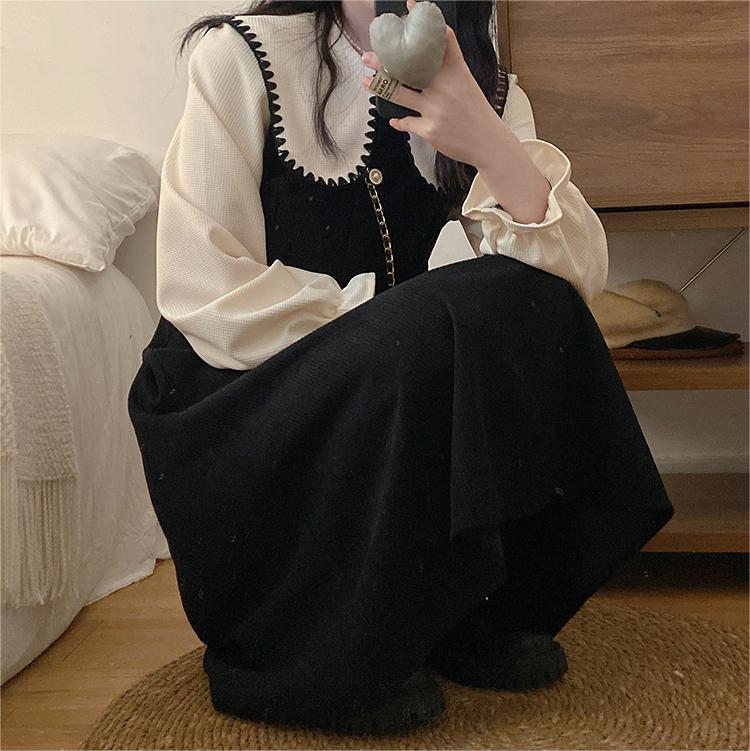 Corduroy Plus Size French Doll Collar Dress Faux Two-Piece Waist-Cinched Vintage A-Line Long Dress