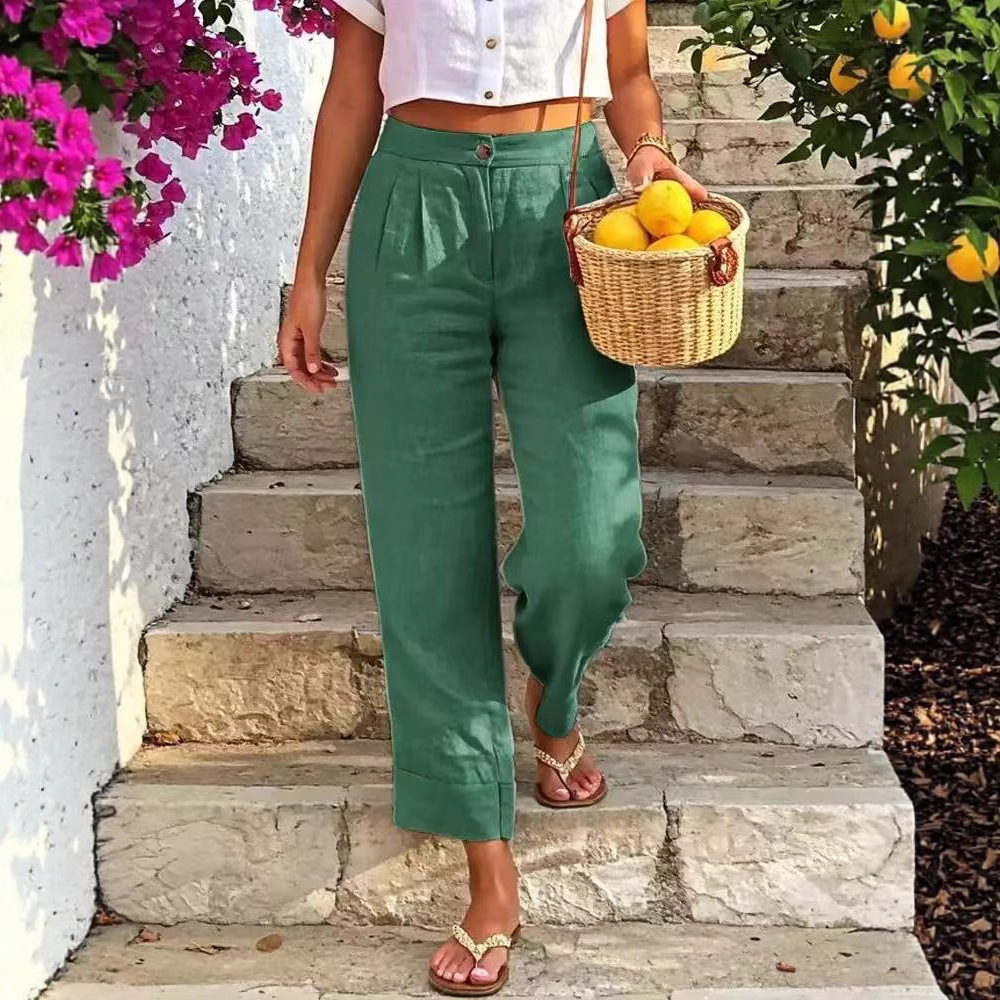 Women's Cotton Linen Straight-Leg Cropped Pants with Buttons
