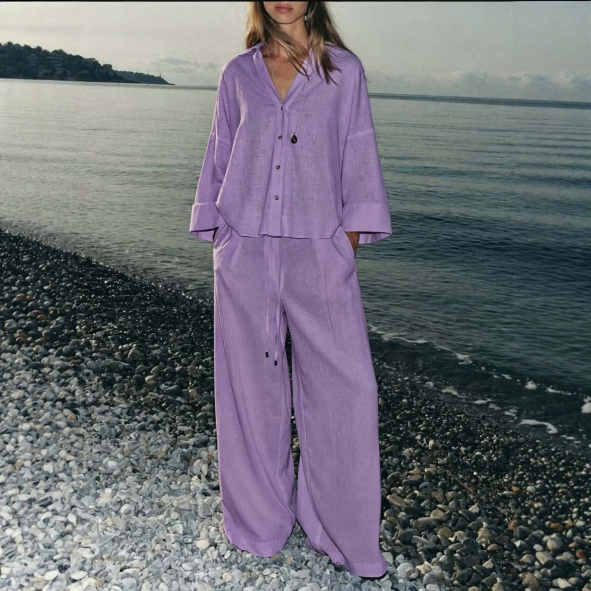 Women's Solid Color Shirt and Pants Set Casual Cotton Blend
