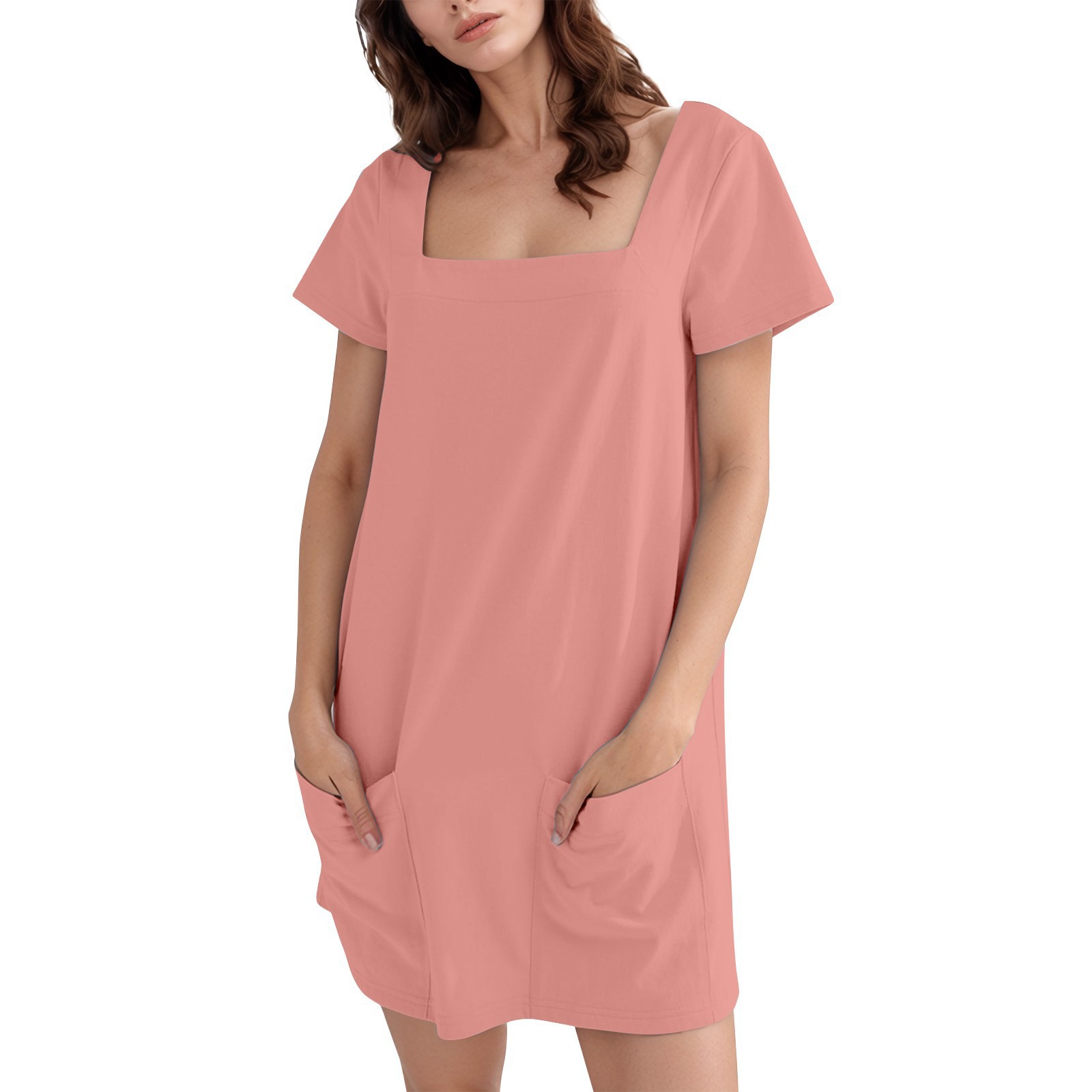 Square Neck Short Sleeve A-Line Dress with Pockets Solid Color