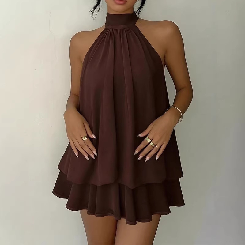 Women's Sleeveless Halter Backless Tie A-Line Mini Dress
