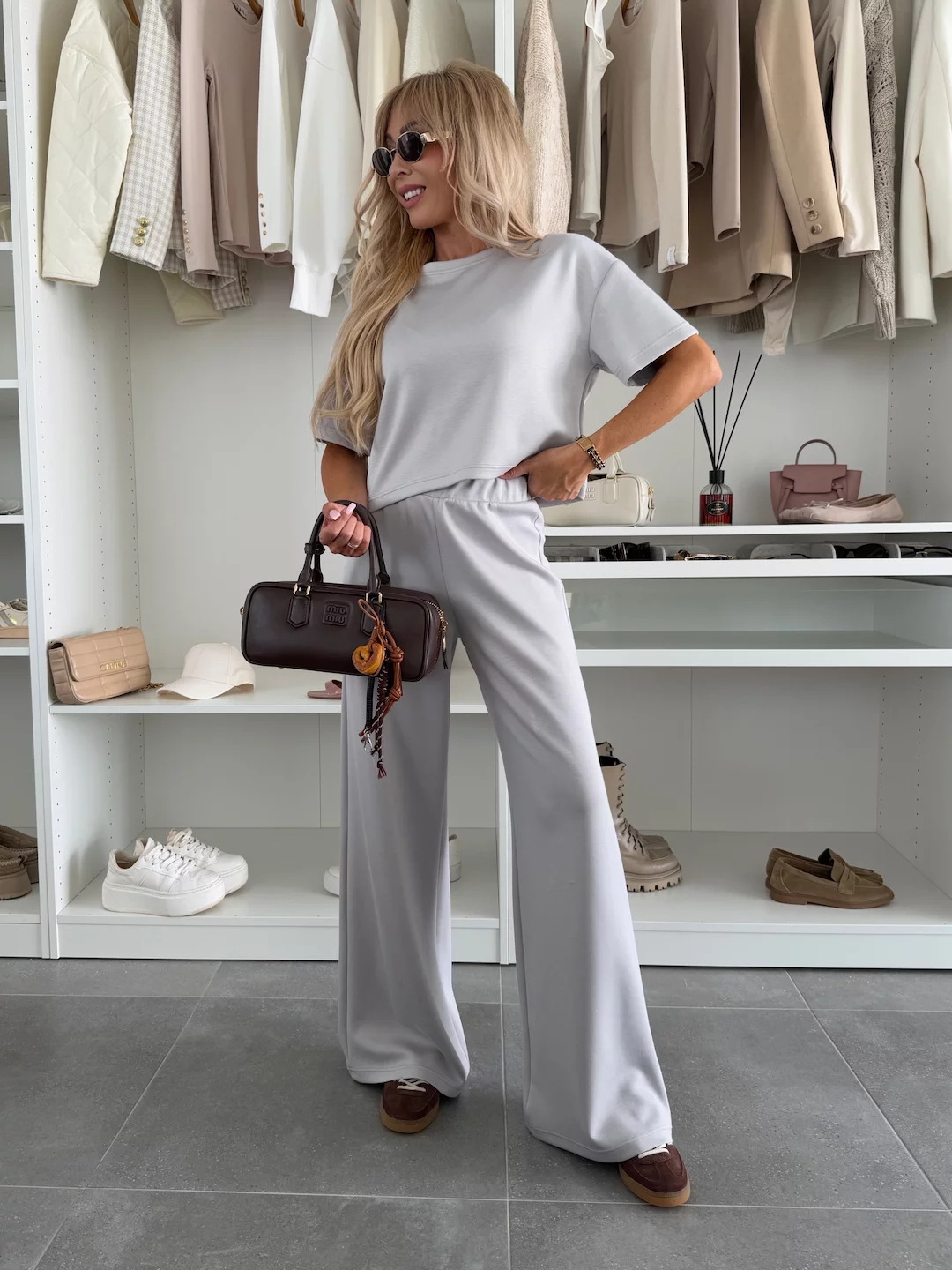 Women's Casual Solid Short Sleeve T-Shirt and Wide-Leg Pants Two-Piece Set