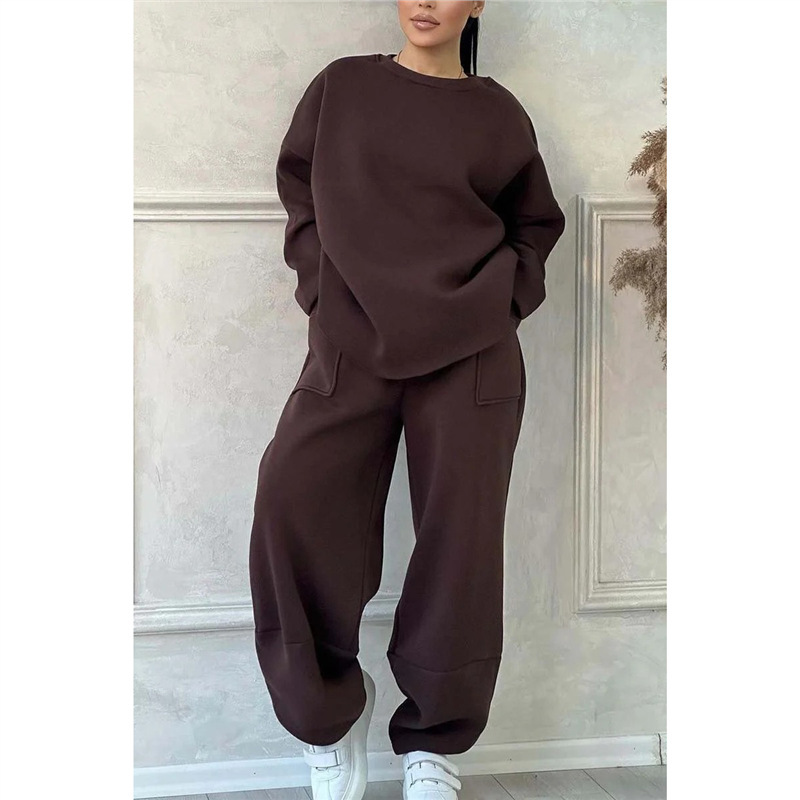 Solid Color Crewneck Long Sleeve Pocket Wide Leg Pants Loose Hoodie Two Piece Set