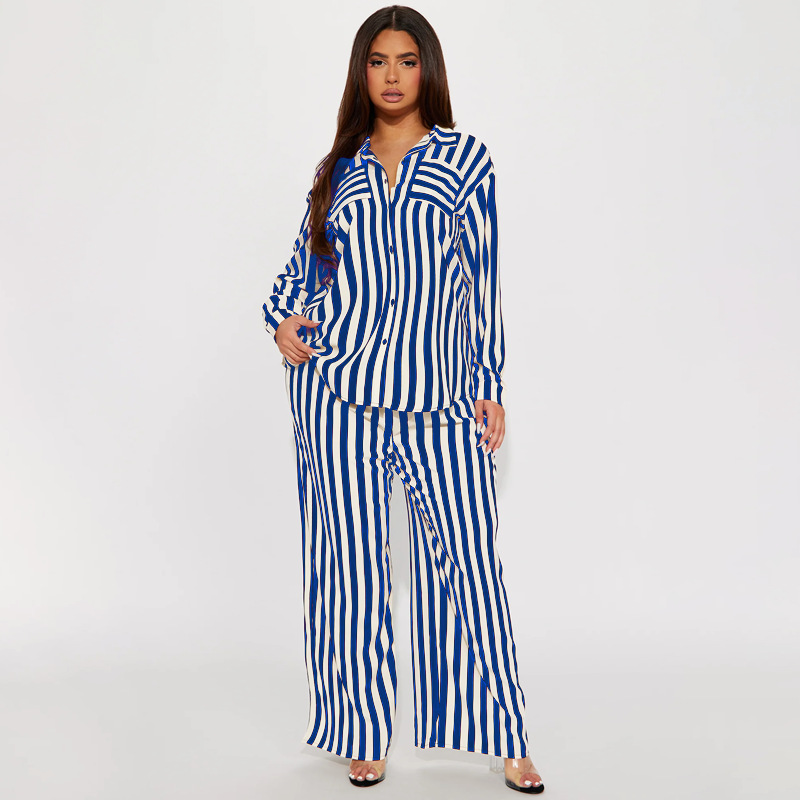 Women's Striped Button Shirt and Pants Set Casual Two-Piece Outfit