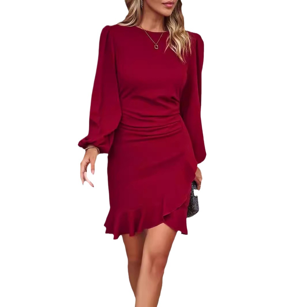 Puff Sleeve Solid Bodycon Midi Dress